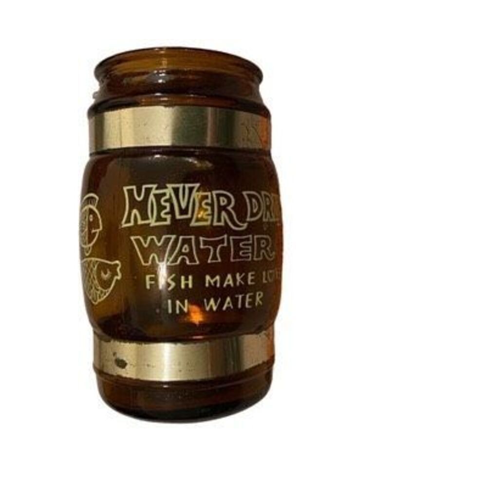 Vintage Never Drink Water Fish Make Love In Water Amber Glass Mug Wooden Handle